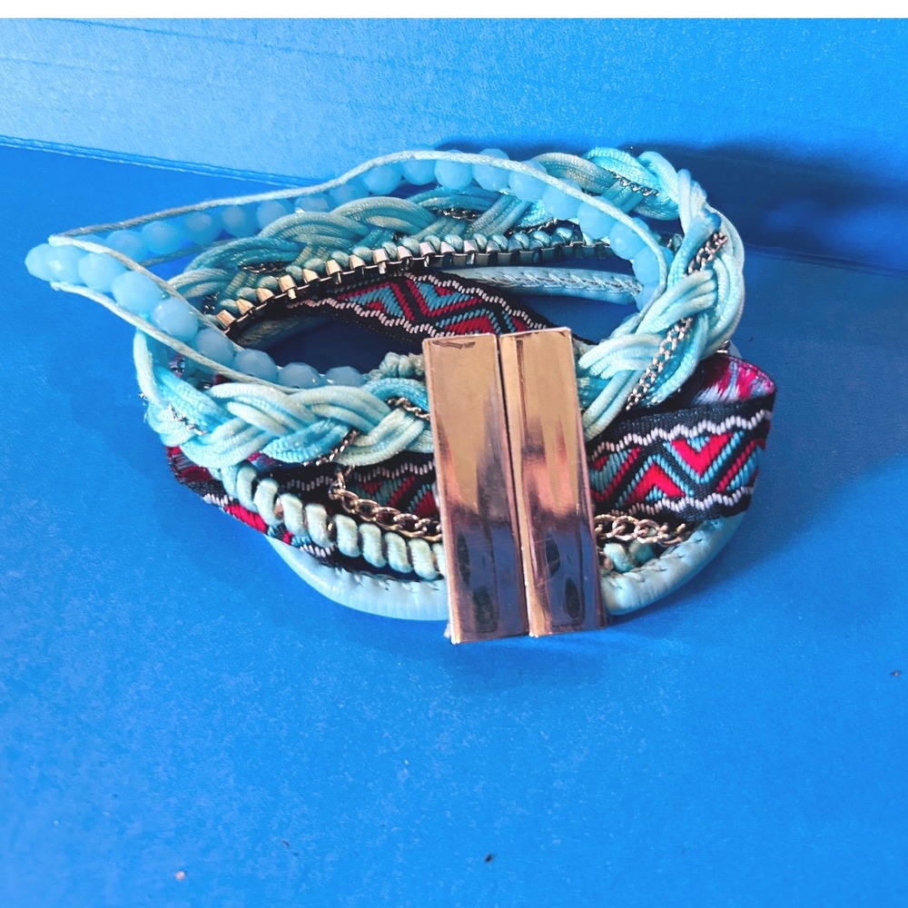 Multi-Strand‎ Cuff Women One Size Blue Excellent Boho Magnetic Clasp